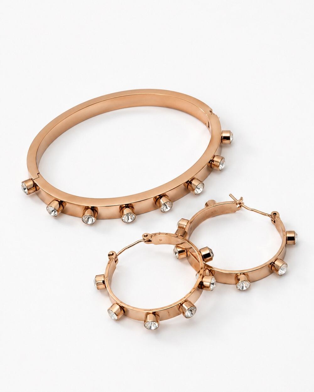 Henri Bendel Jewel Tuxedo Rose Gold Crystal Bangle Bracelet Hoop Earrings Set